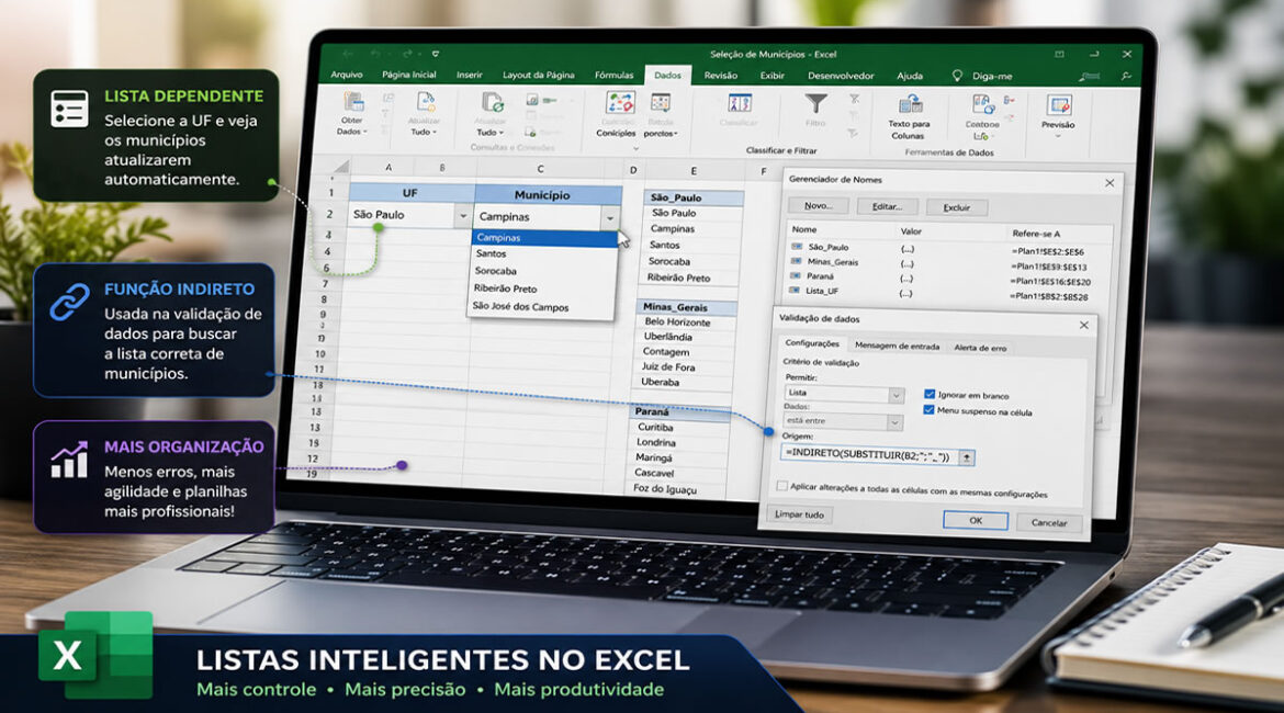Como Criar uma Seleção de Municípios Dependente da UF no Excel Utilizando a Função INDIRETO